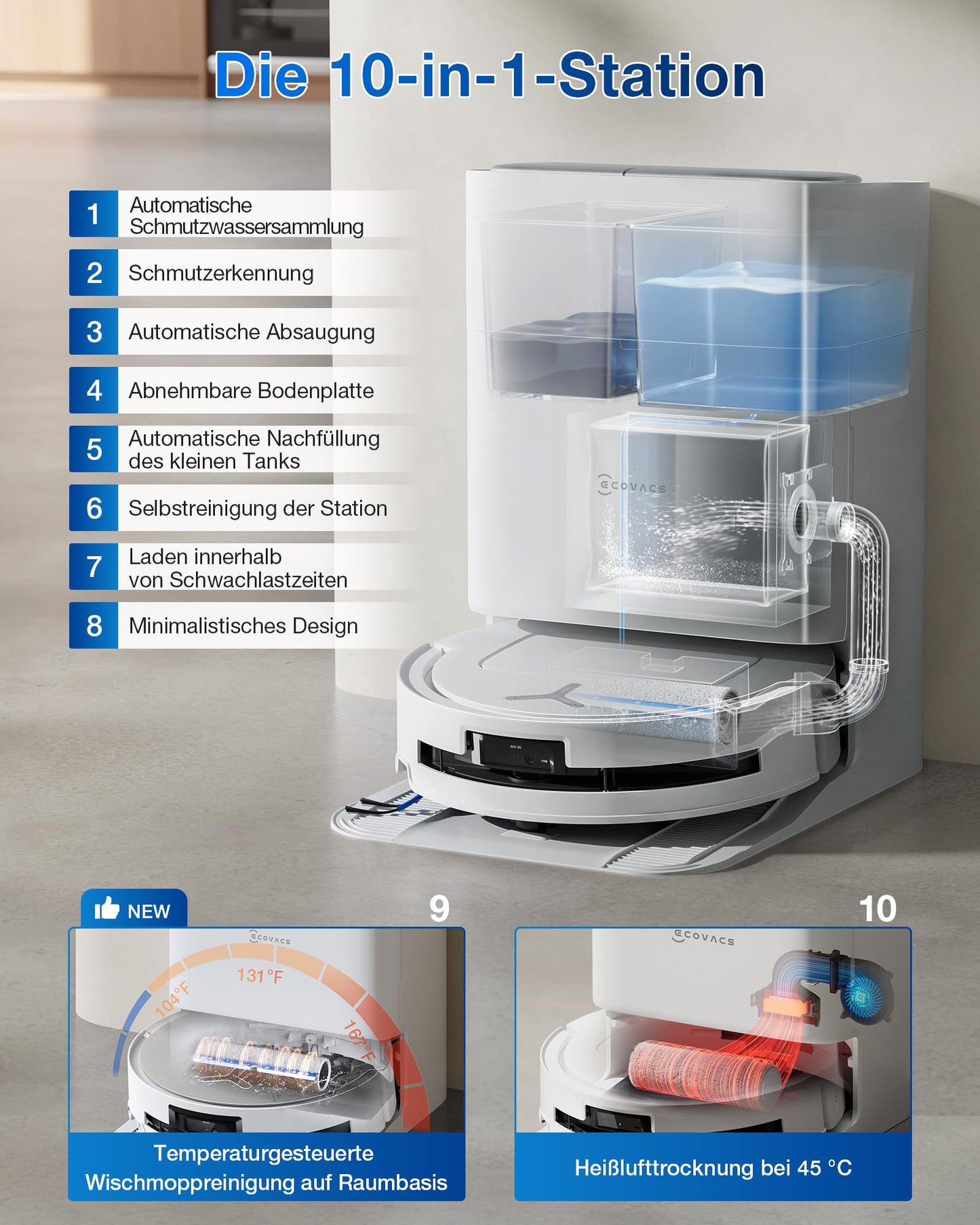 ECOVACS DEEBOT T80 Omni Saugroboter mit Wischfunktion, 18.000Pa Weiß